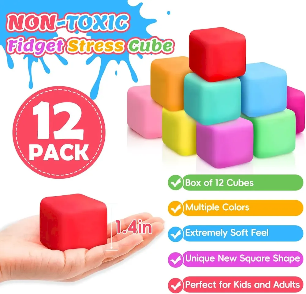 Premium 12 Pack Slow Rising Stress Cube. Dough Stress Balls Squishy Fidget Toys for Anxiety Relief. Soft Fidget Cube. Pull Stretch Squishy Toys for Classroom Prize. Party Favors for Kids Adults : Toys & Games - Image 2