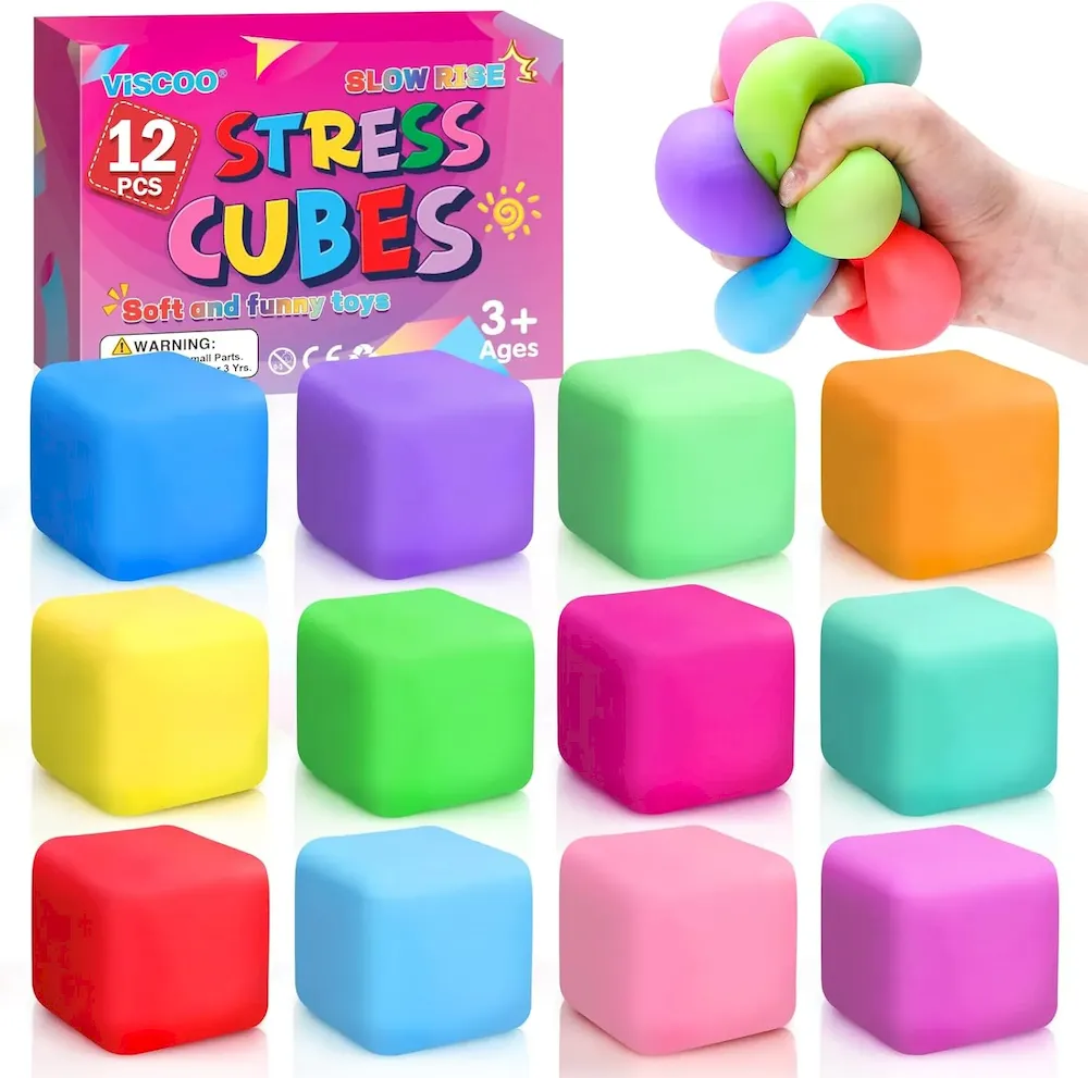 Premium 12 Pack Slow Rising Stress Cube. Dough Stress Balls Squishy Fidget Toys for Anxiety Relief. Soft Fidget Cube. Pull Stretch Squishy Toys for Classroom Prize. Party Favors for Kids Adults : Toys & Games