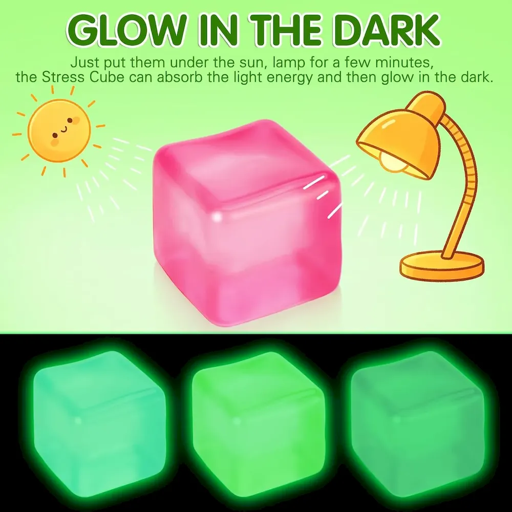 Premium 4 Pcs Stress Cube Glow in The Dark. Slow Rising Squishy Fidget Toys for Adults Teens Boys Girls Anxiety Relief Squeeze Stress Balls Sensory Toys for Kids with Autism Party Favors Gifts : Toys & Games - Image 2