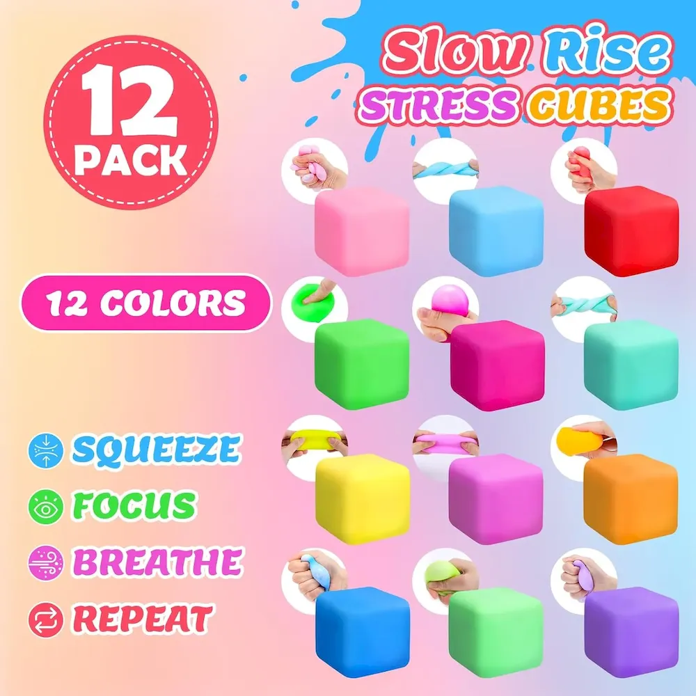 Premium 12 Pack Slow Rising Stress Cube. Dough Stress Balls Squishy Fidget Toys for Anxiety Relief. Soft Fidget Cube. Pull Stretch Squishy Toys for Classroom Prize. Party Favors for Kids Adults : Toys & Games - Image 4