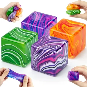 Premium 4 Pack Fidget Toys. Squishy Cube. Ice Cube Squishy for Anxiety & Stress Relief for Adults. Slow Rise Sensory Stress Balls. Classroom Prizes : Toys & Games