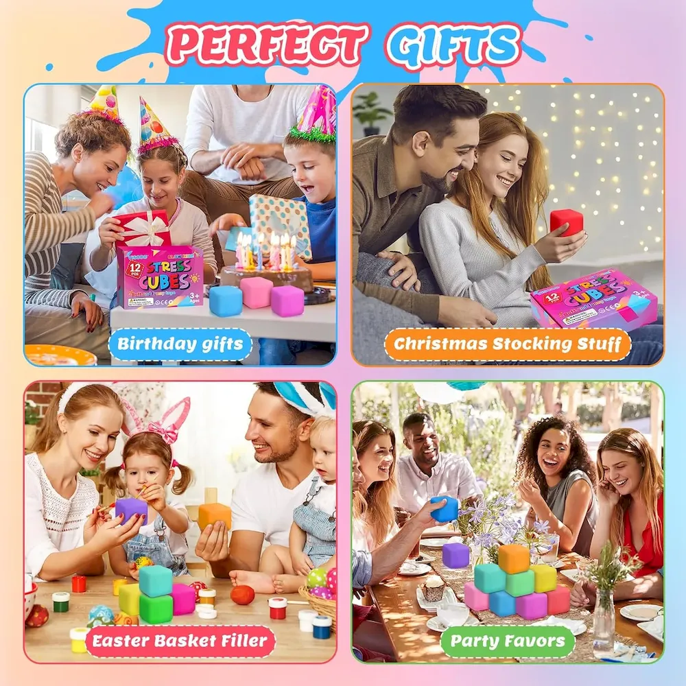 Premium 12 Pack Slow Rising Stress Cube. Dough Stress Balls Squishy Fidget Toys for Anxiety Relief. Soft Fidget Cube. Pull Stretch Squishy Toys for Classroom Prize. Party Favors for Kids Adults : Toys & Games - Image 8